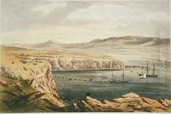 View of Port Magee Valentia from the heights of Cora Beg HMS Caroline laying the shore end of the cable Oil Painting by Robert Dudley