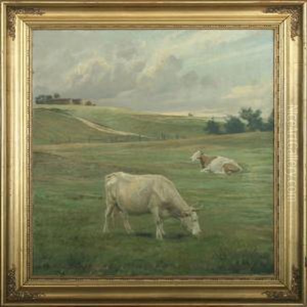 Two Cows In Thefield Oil Painting by Johannes Resen-Steenstrup