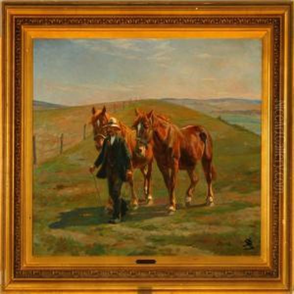 A Farmer With Histwo Horses Oil Painting by Johannes Resen-Steenstrup