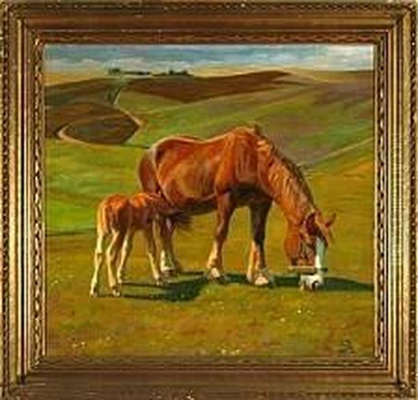 A Horse And A Filly Are Grazing On A Field, Summer Oil Painting by Johannes Resen-Steenstrup