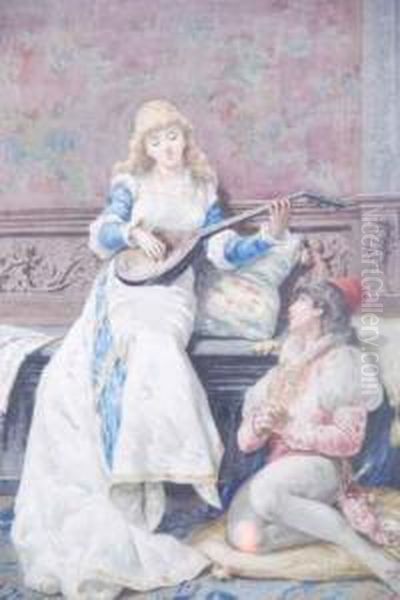 Italian The Lute Watercolour Signedr Resio Oil Painting by Raffaello Resio