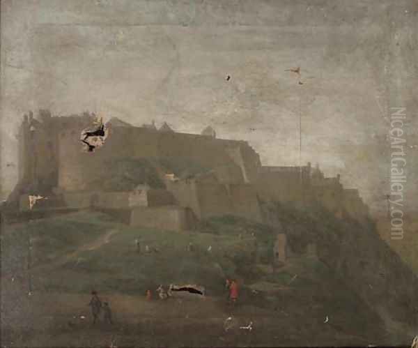 Figures before a Castle, thought to be Edinburgh Oil Painting by Hendrick Danckerts