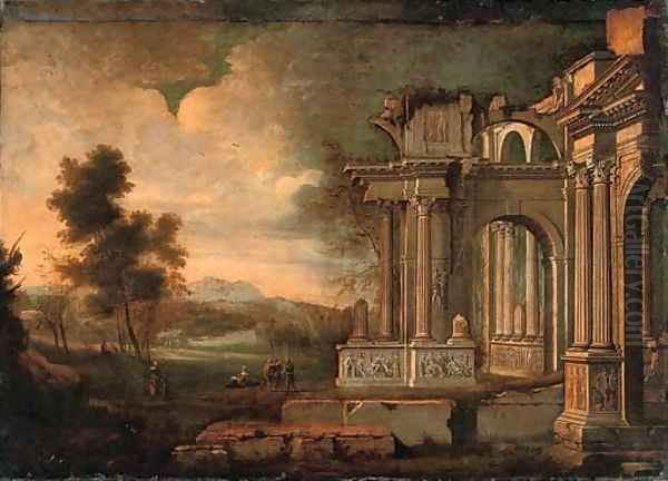 A capriccio of classical ruins with peasants conversing by a stream Oil Painting by Hendrick Danckerts