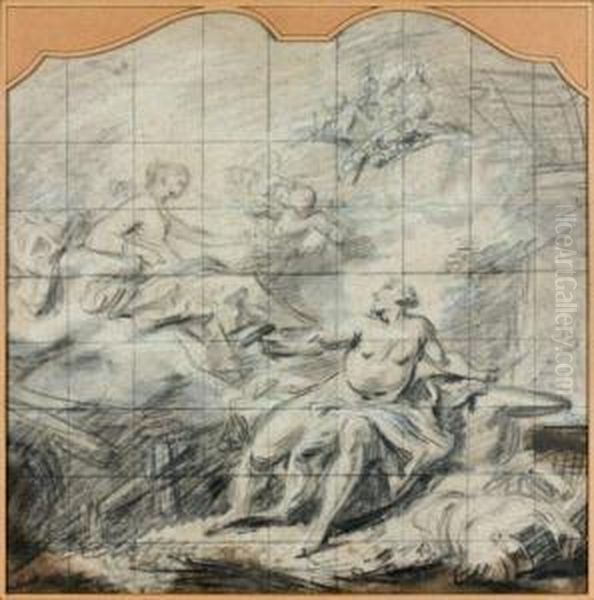 Venus Rend Visite A Vulcain Dans Sa Forge
 Crayon Noir Et Craie Blanche Sur Papier Beige, Mis Au Carreau Oil Painting by Jean II Restout