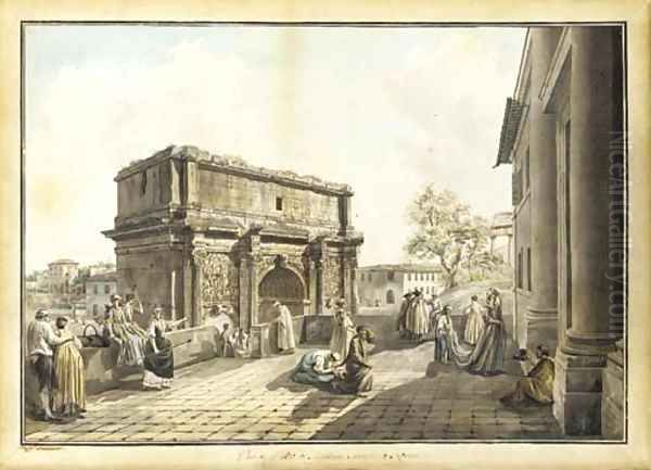 The Arch of Septimius Severus seen from the terrace of San Giuseppe dei Falegnami, Rome Oil Painting by Abraham Louis Rudolph Ducros