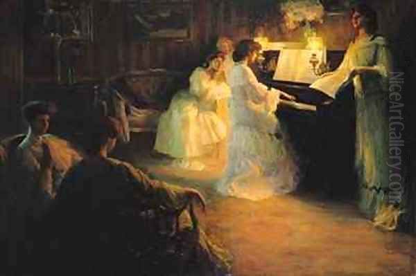 Young Girls at a Piano Oil Painting by Gabriel Deluc