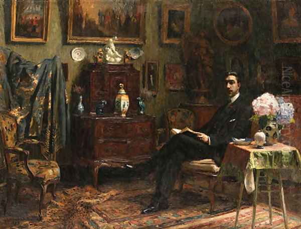 A gentleman reading in an interior Oil Painting by Gabriel Deluc