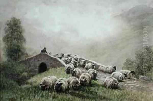 Highland Bridge with Shepherd and Flock Oil Painting by John Robert Keitley Duff