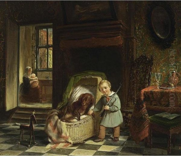 A Child Playing In An Interior Oil Painting by Hendricus Engelbertus Reijntjens