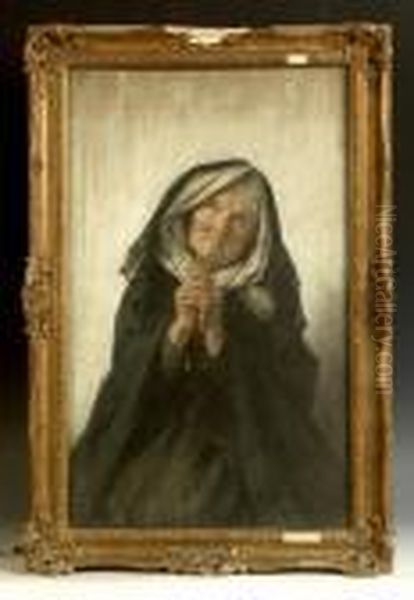 An Oldlady With A Rosary Oil Painting by Mieczyslaw Reyzner