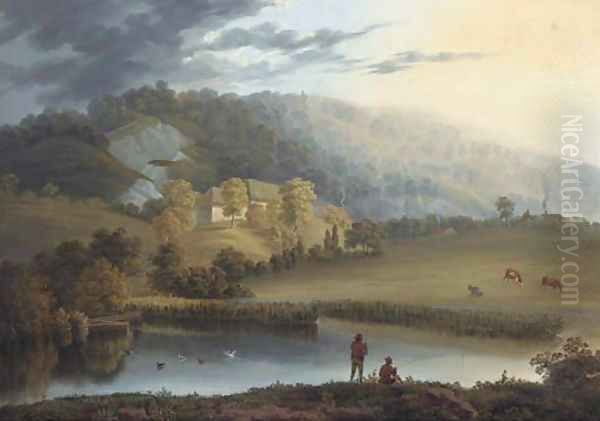 Anglers in an extensive landscape Oil Painting by William Alfred Delamotte