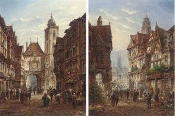 The Market Before The Grand Clock, Rouen Oil Painting by Felice A. Rezia