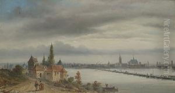 A Dutch Town On A River Oil Painting by Felice A. Rezia