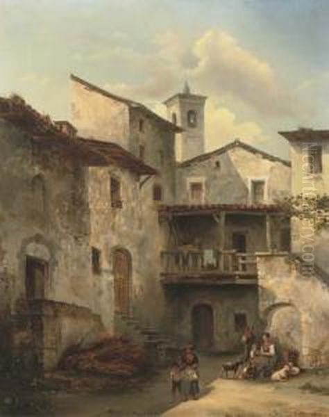 A Courtyard In An Italian Village Oil Painting by Felice A. Rezia