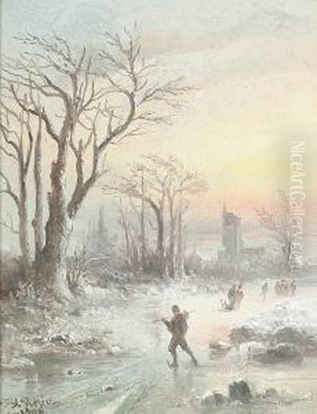 Figures Skating On A Frozen Lake; Figures Walking Down A Wooded Path Oil Painting by Felice A. Rezia