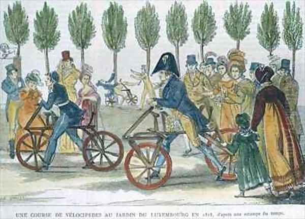 A velocipede race at Jardin du Luxembourg in 1818 Oil Painting by Duvaux, Jules Antoine