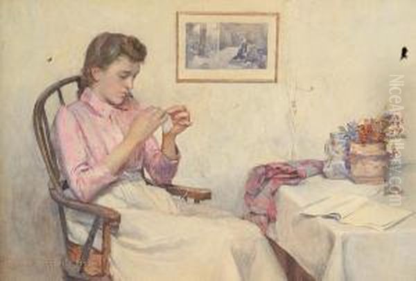 Interior Scene With Young Lady Sewing Oil Painting by Henry Maynell Rheam