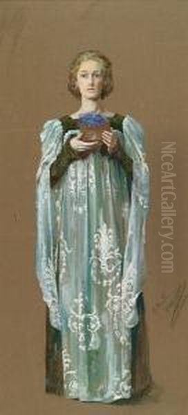 Full Length Portrait Of A Lady Holding A Bowl Of Violets Oil Painting by Henry Maynell Rheam