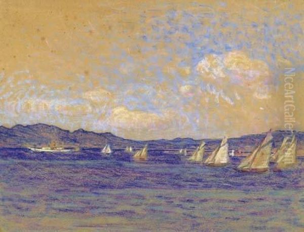 Segelboote Auf Einem See. Oil Painting by Louis Rheiner