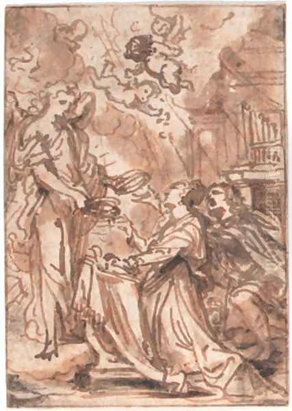 An angel presenting crowns to a kneeling couple in a church, putti above Oil Painting by Abraham Jansz. van Diepenbeeck