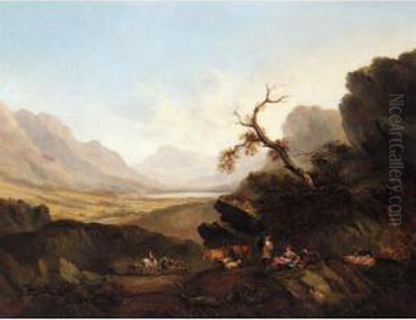 Drovers Resting On A Mountainous Landscape Oil Painting by Joseph Rhodes