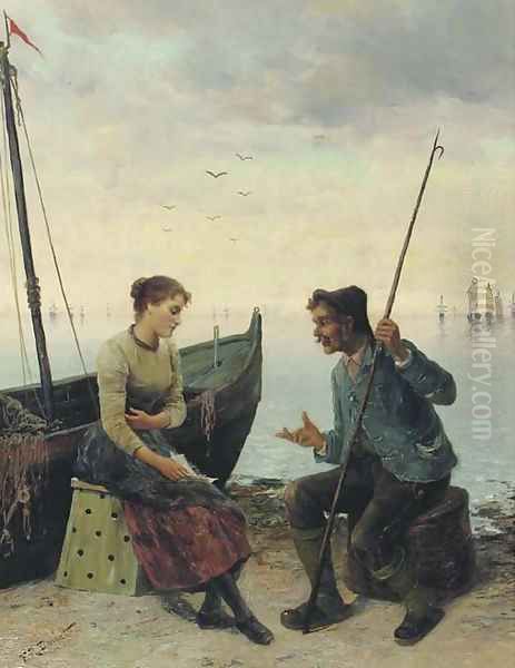 Conversing on a quay Oil Painting by Frederick Reginald Donat