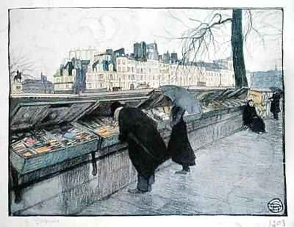 Bouquinistes along the left bank of the Seine near the Pont Neuf Paris Oil Painting by Georges Dupuis