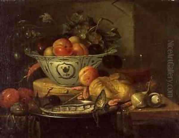 Still life with fruit a blue and white porcelain bowl a herring on a pewter plate a glass beaker shrimps and onions Oil Painting by Gerhardt van Duynen