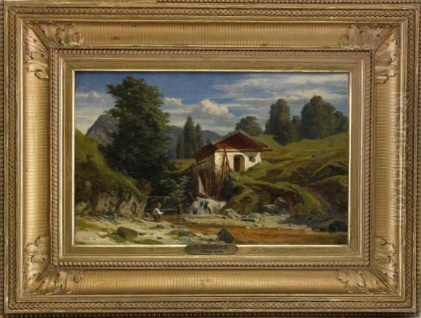 Landskap Med Kvarnbyggnad Oil Painting by Rudolf Ribarz