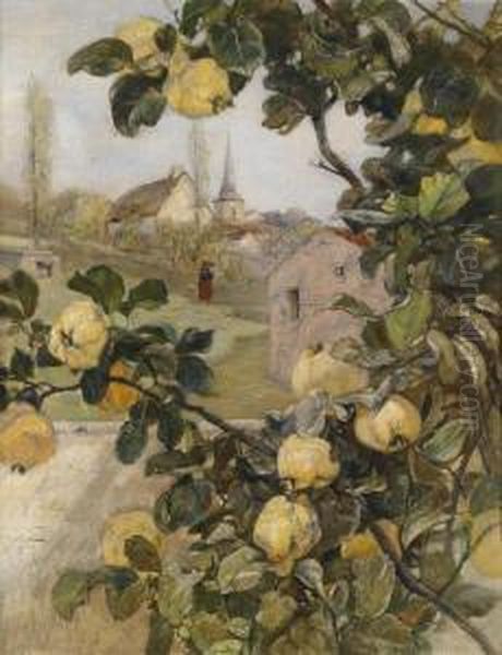 Branch Of A Quince Tree Withview Of A Small Village In Luxembourg Oil Painting by Rudolf Ribarz