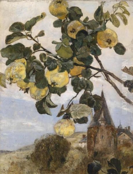 Branch Of A Quince Tree Setagainst A Landscape Oil Painting by Rudolf Ribarz