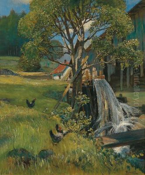 Sagemuhle An Der Krems/hinter Baumen Oil Painting by Rudolf Ribarz