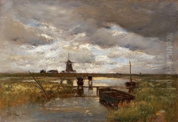 Hollandischer Kanal Mit Windmuhle Oil Painting by Rudolf Ribarz