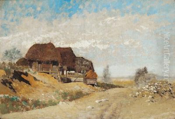 Attributed Landscape With Red Roofed Farm Houses Oil Painting by Rudolf Ribarz