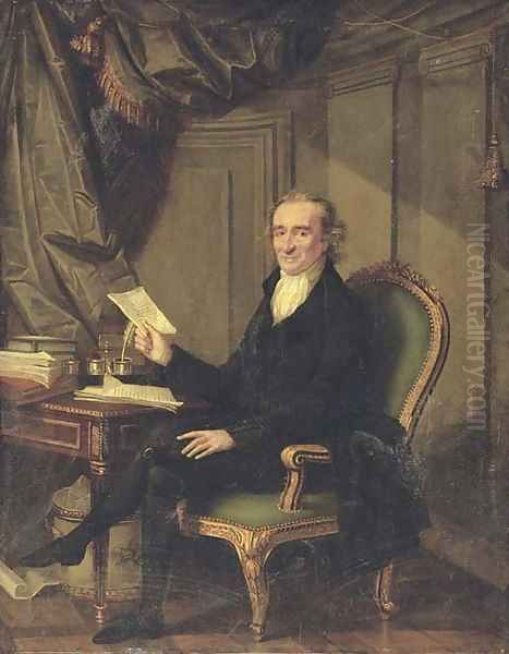 Portrait of Thomas Paine (1737-1809), small full-length, in a dark coat and breeches, seated at a writing table, in an interior Oil Painting by Laurent Dabos