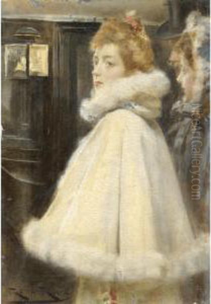 Joven Con Capa (lady With A Fur Coat) Oil Painting by Roman Ribera Cirera