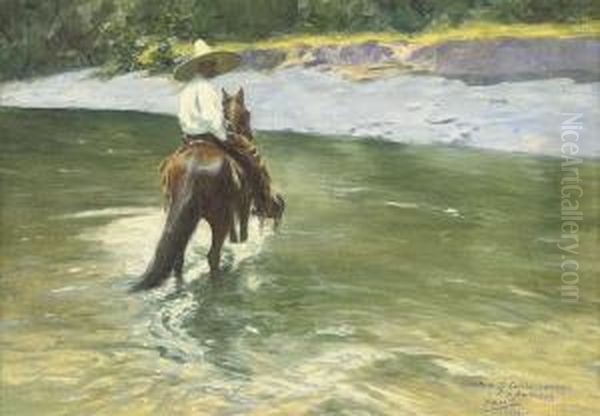 A Mexican Riding A Cross A River Oil Painting by Pierra Ribera