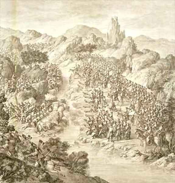 The First Battle between the Chinese Army and that of the Eleuths in 1759 Oil Painting by Damascene, Jean (An Tai)