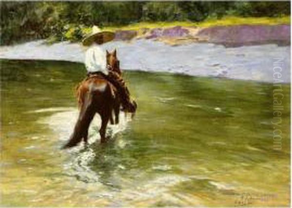 Mexican Horseman Crossing The Ford Oil Painting by Pierra Ribera