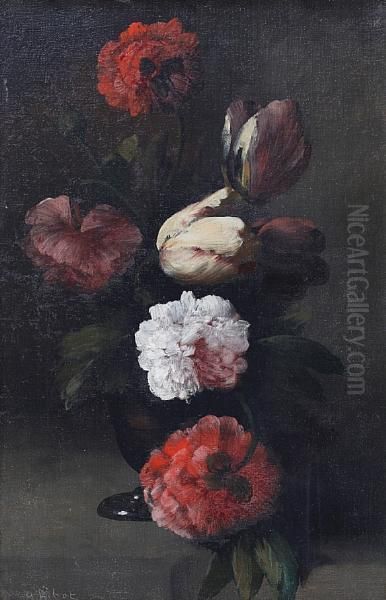 Still Life Of Tulips And Peonies Oil Painting by Germain Theodure Clement Ribot