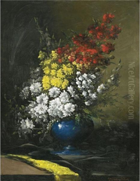 Flowers In A Blue Vase Oil Painting by Germain Theodure Clement Ribot