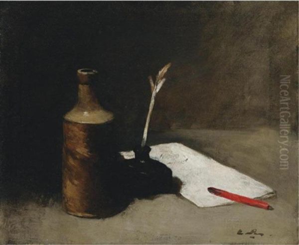 Still Life With Bottle, Inkpot And Letter Oil Painting by Germain Theodure Clement Ribot