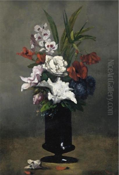 Flowers In A Blue Vase Oil Painting by Germain Theodure Clement Ribot