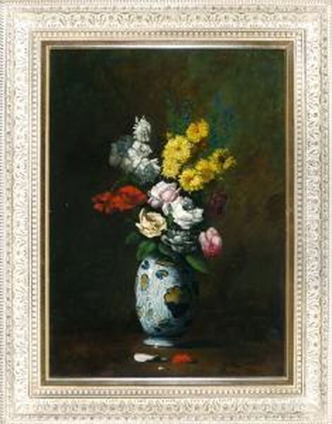 Bunter Blumenstraus Mit Rosen In Porzellanvase Vor Dunklem Hintergrund Oil Painting by Germain Theodure Clement Ribot