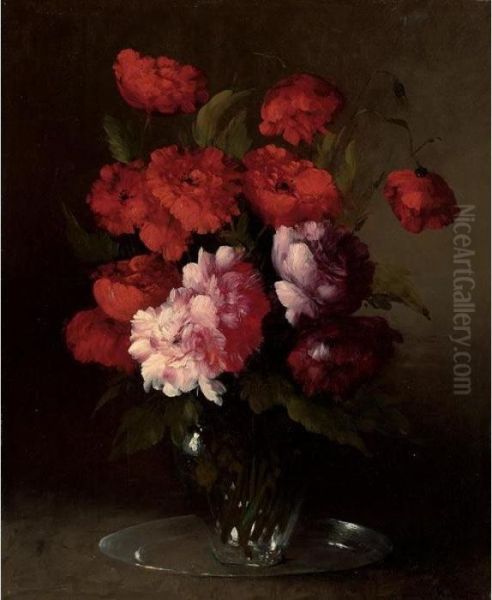 Peonies And Poppies In A Glass Vase Oil Painting by Germain Theodure Clement Ribot