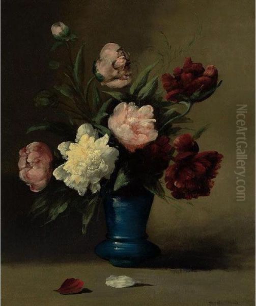 Peonies In A Blue Vase Oil Painting by Germain Theodure Clement Ribot