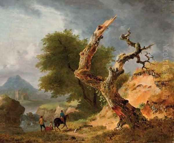 A mountainous landscape with figures by a stream near a dead tree Oil Painting by Jean Louis Demarne, Called Demarnette