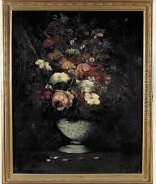 Bouquet De Fleurs Variees Dans Un Vase De Faience Blanche Et Bleue Oil Painting by Germain Theodure Clement Ribot