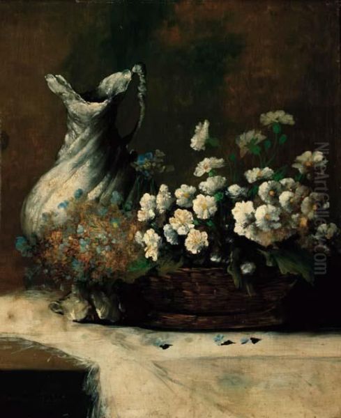 A Basket Of Summer Flowers And A Waterjug On A Table Oil Painting by Germain Theodure Clement Ribot