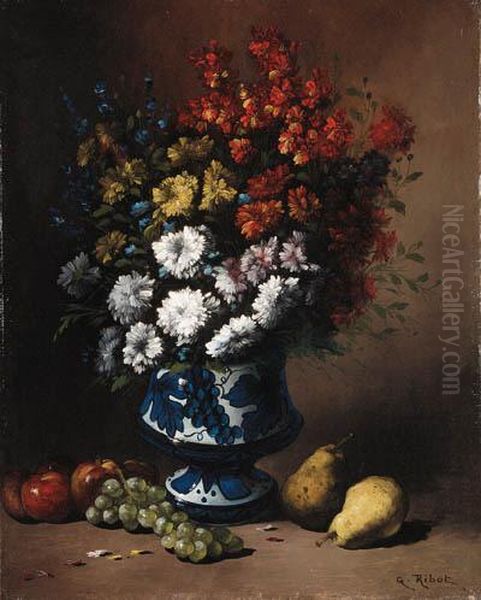 Floral Still Life With Fruit On A Ledge Oil Painting by Germain Theodure Clement Ribot